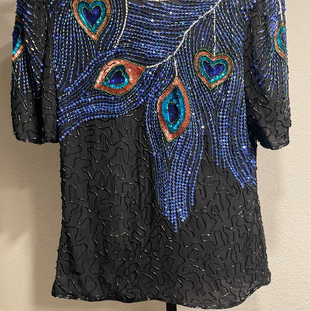 Laurence Kazar Silk Black and Blue Beaded Short Sleeve Blouse